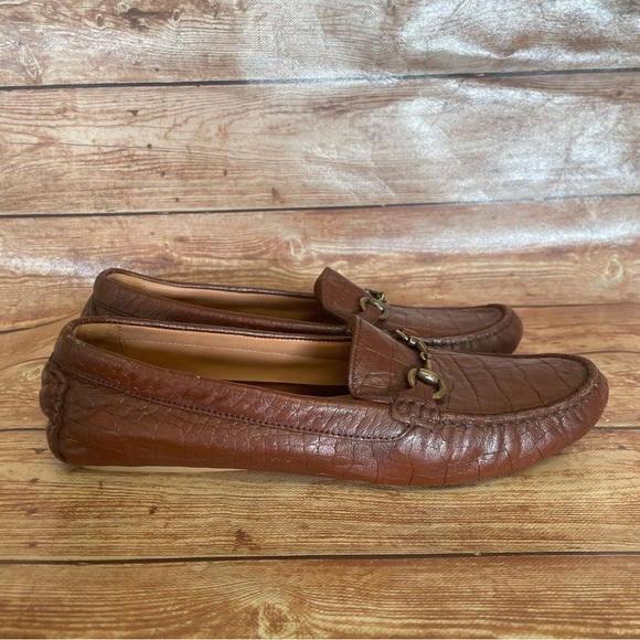 JOHNSTON AND MURPHY Brown Leather Maggie Bit Croc Embossed Driving Loafers 9M - Picture 2 of 9